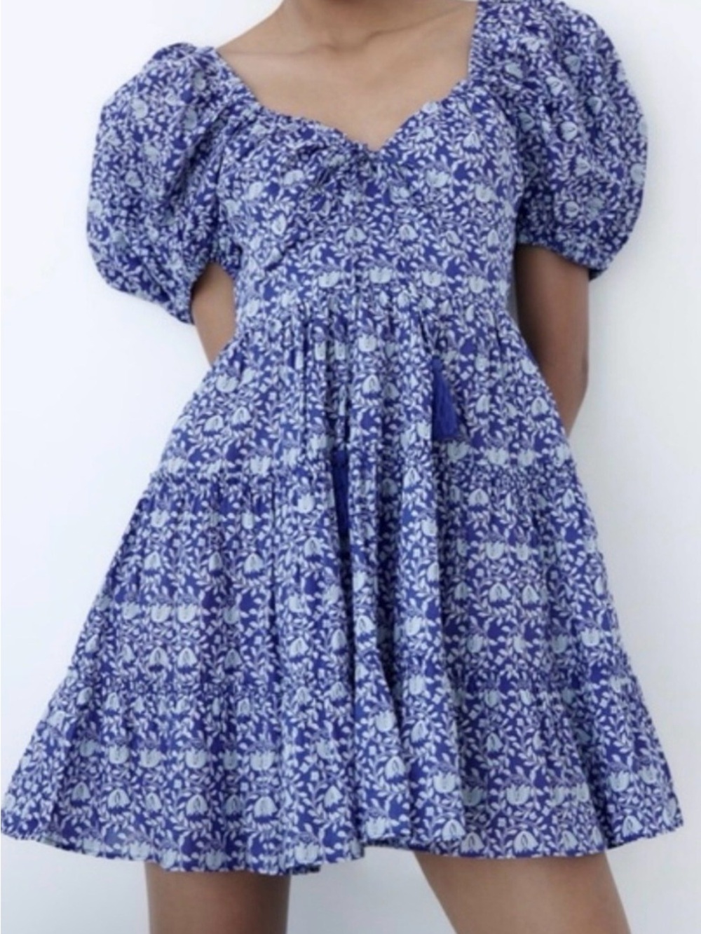 Zara Blue Floral Puff Sleeve Mini Dress